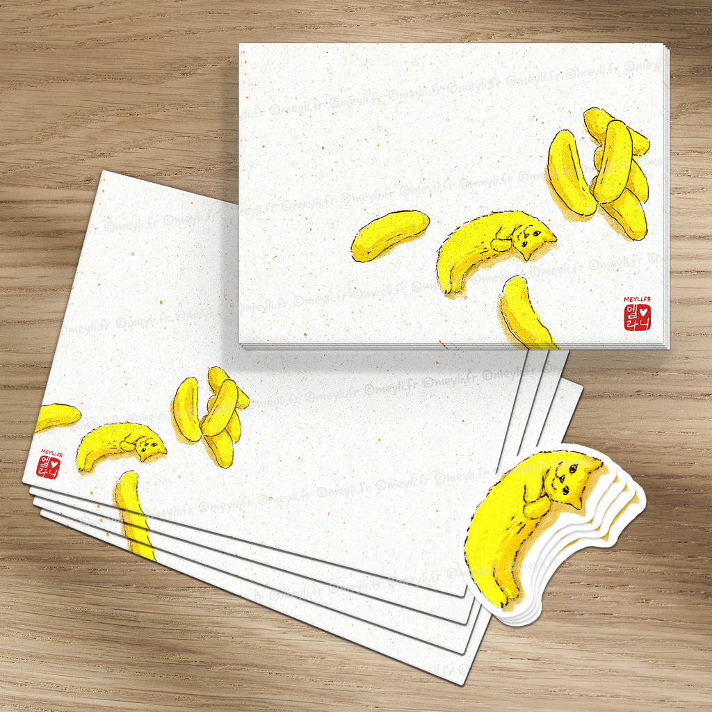 Chat banane - Set de correspondance - Enveloppe, carte et sticker