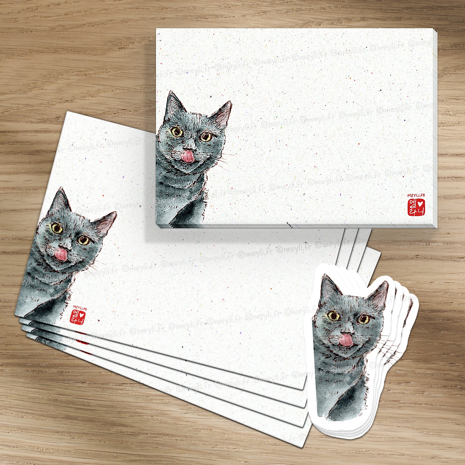 Chat gourmant - Set de correspondance - Enveloppe, carte et sticker