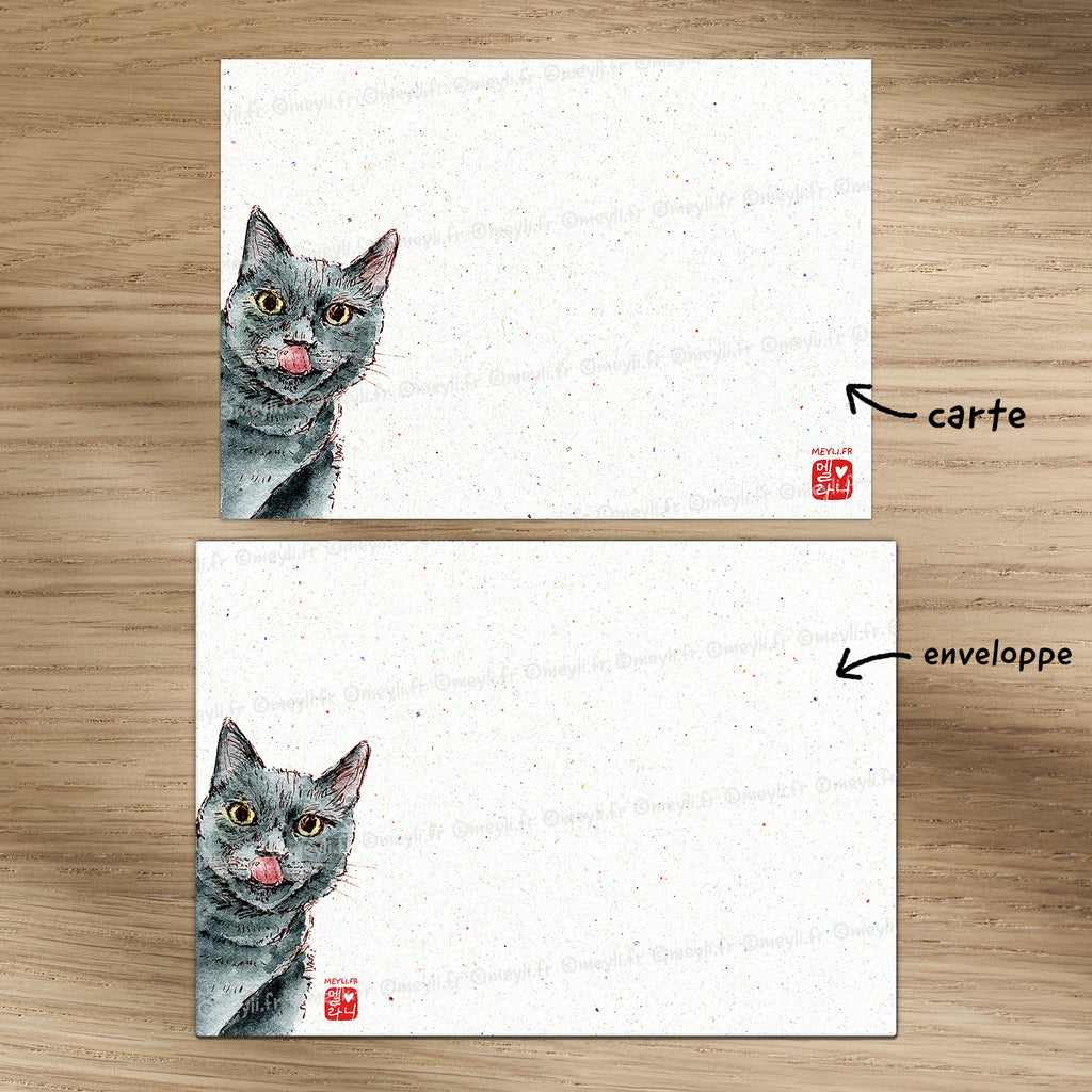 Chat gourmant - Set de correspondance - Enveloppe, carte et sticker
