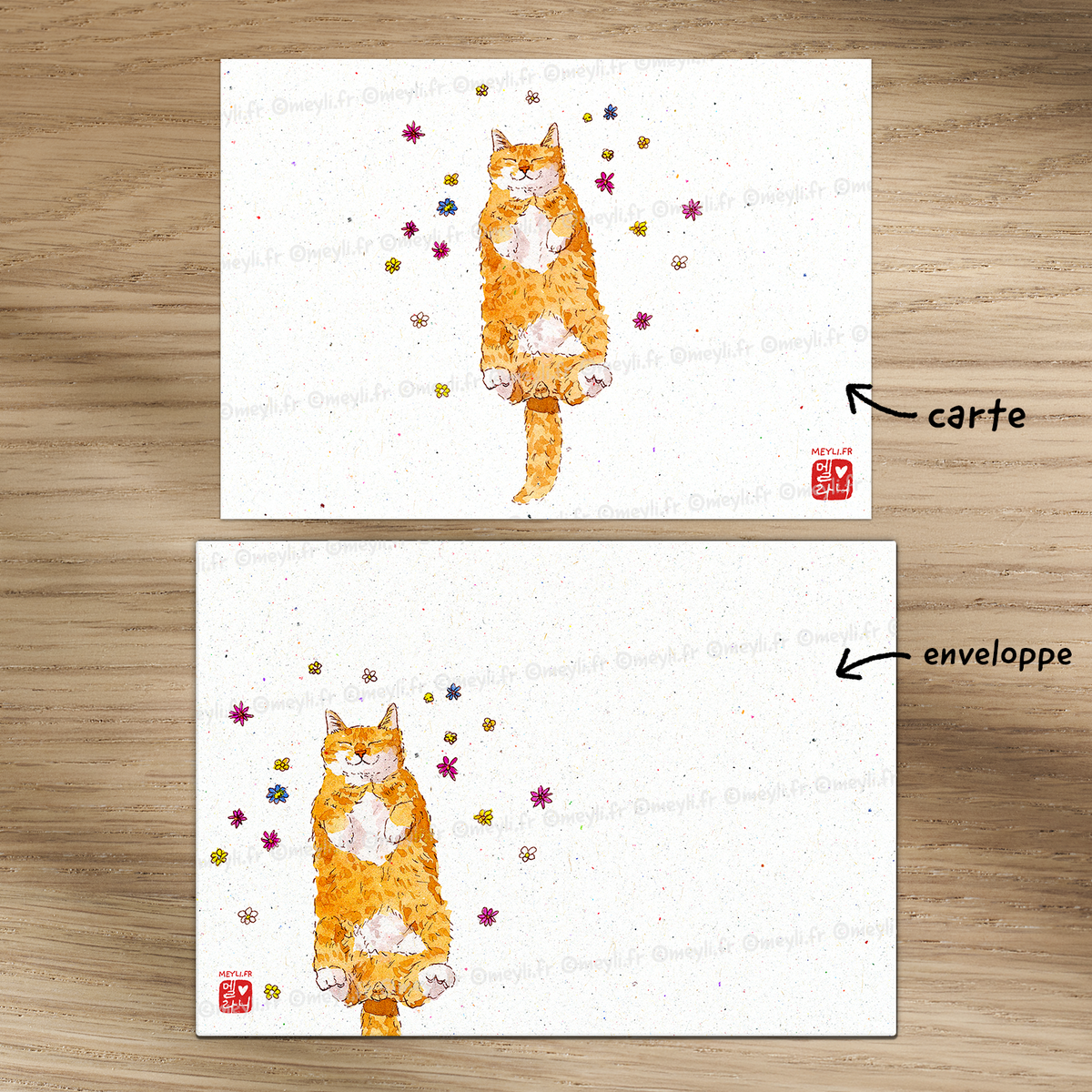 Chat dans les fleurs - Set de correspondance - Enveloppe, carte et sticker