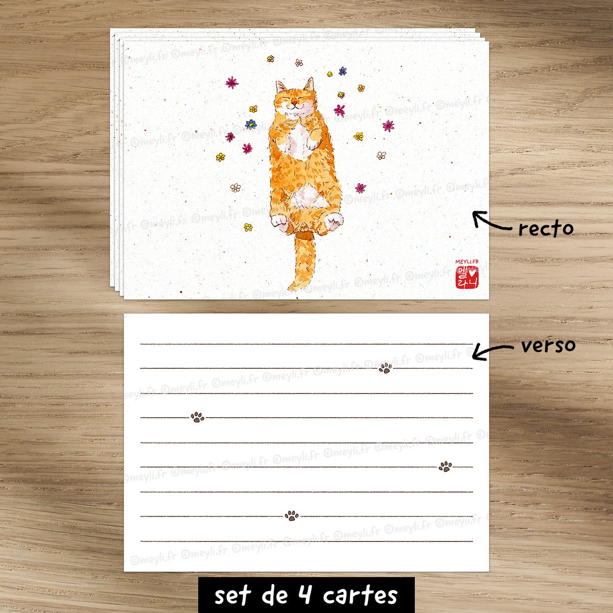 Chat dans les fleurs - Set de correspondance - Enveloppe, carte et sticker