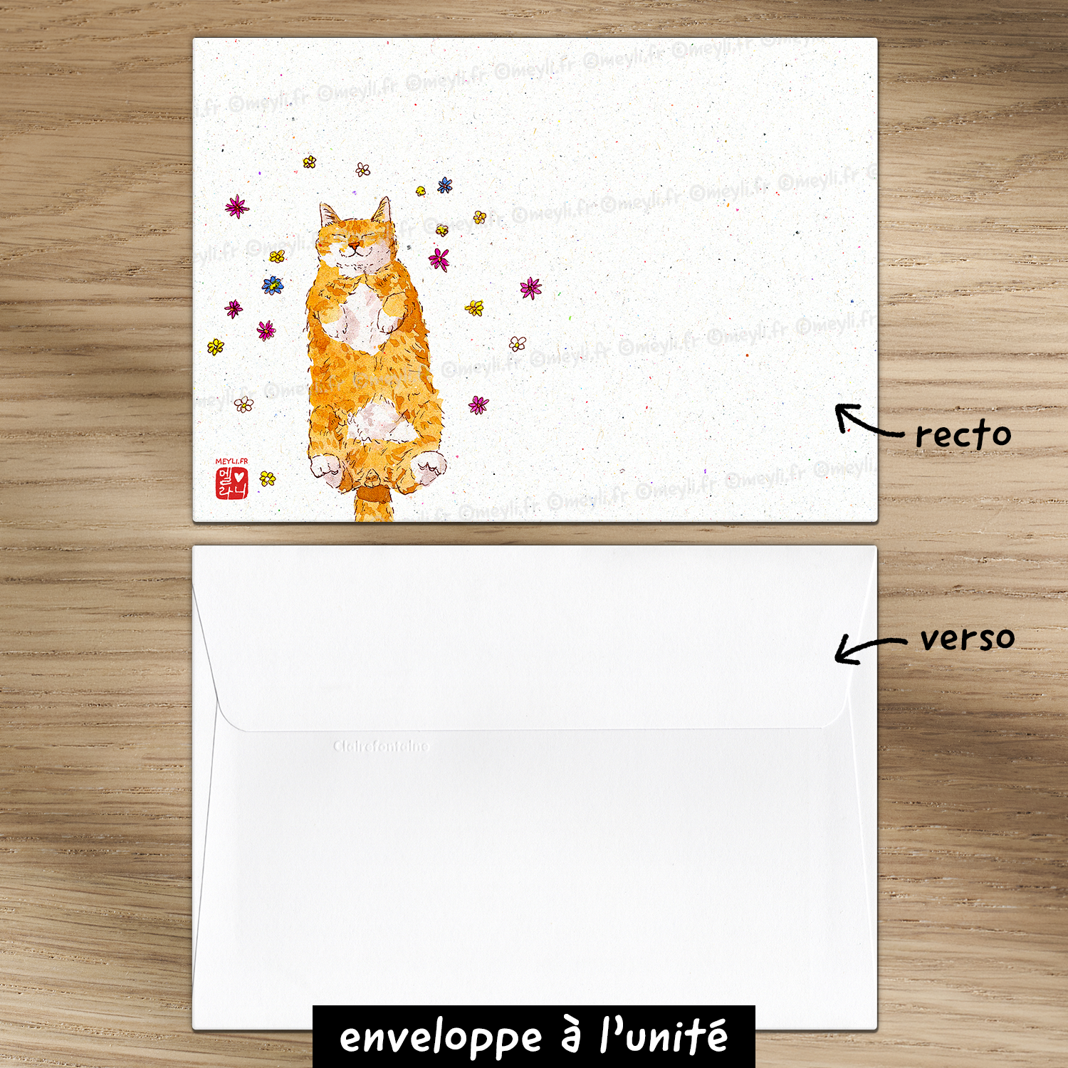 Chat dans les fleurs - Set de correspondance - Enveloppe, carte et sticker