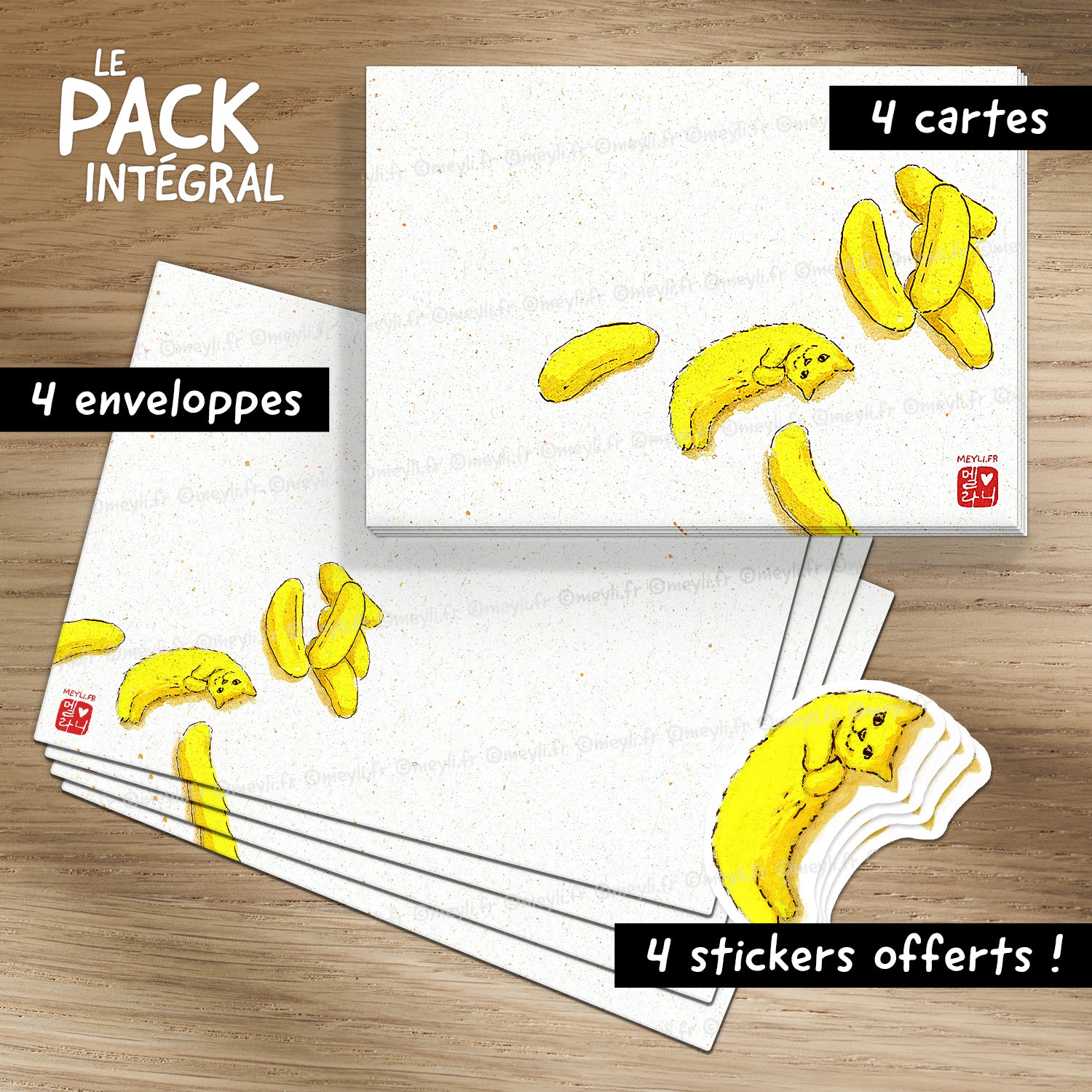 Chat banane - Set de correspondance - Enveloppe, carte et sticker - 3) Pack Intégral : 4 enveloppes + 4 cartes + 4 stickers offerts