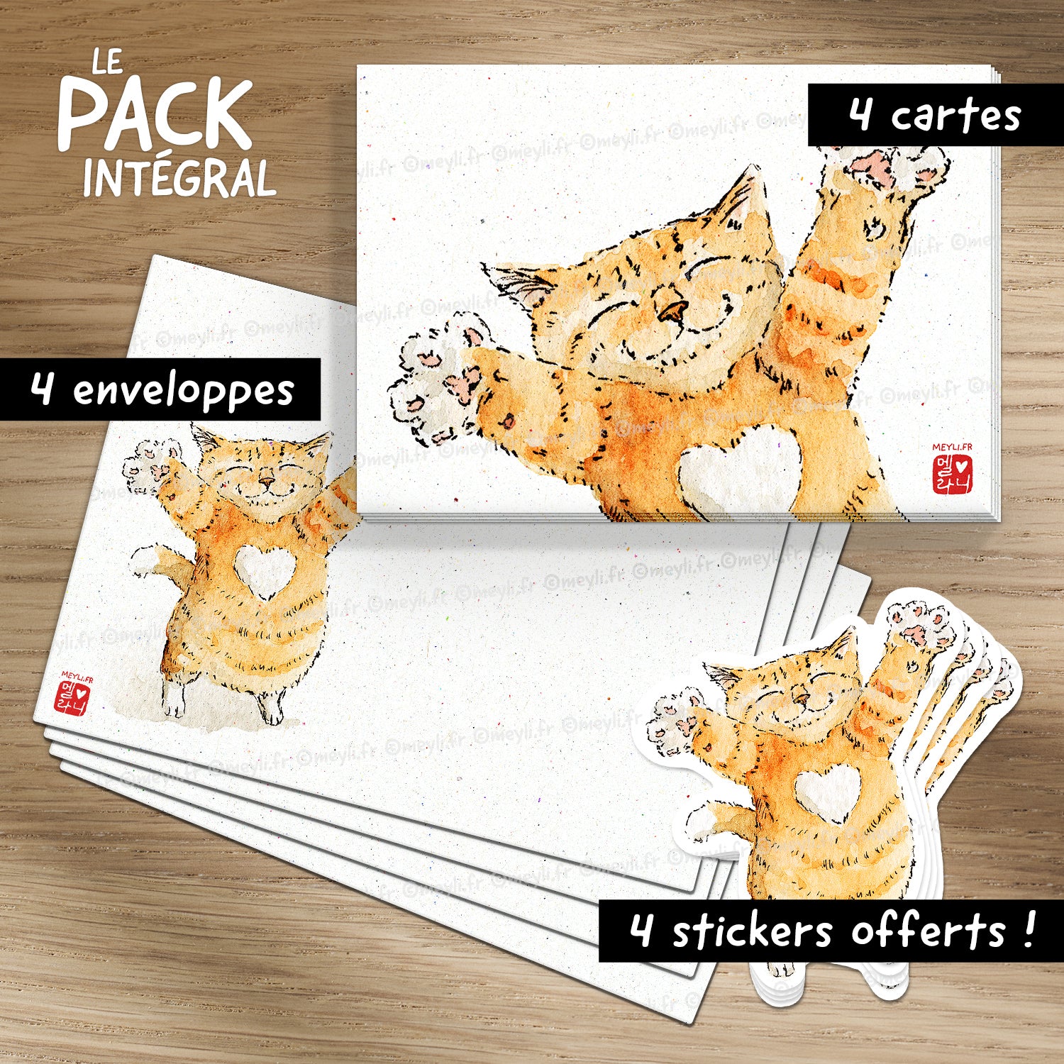 Un chatlin pour toi - Set de correspondance - Enveloppe, carte et sticker - 3) Pack Intégral : 4 enveloppes + 4 cartes + 4 stickers offerts