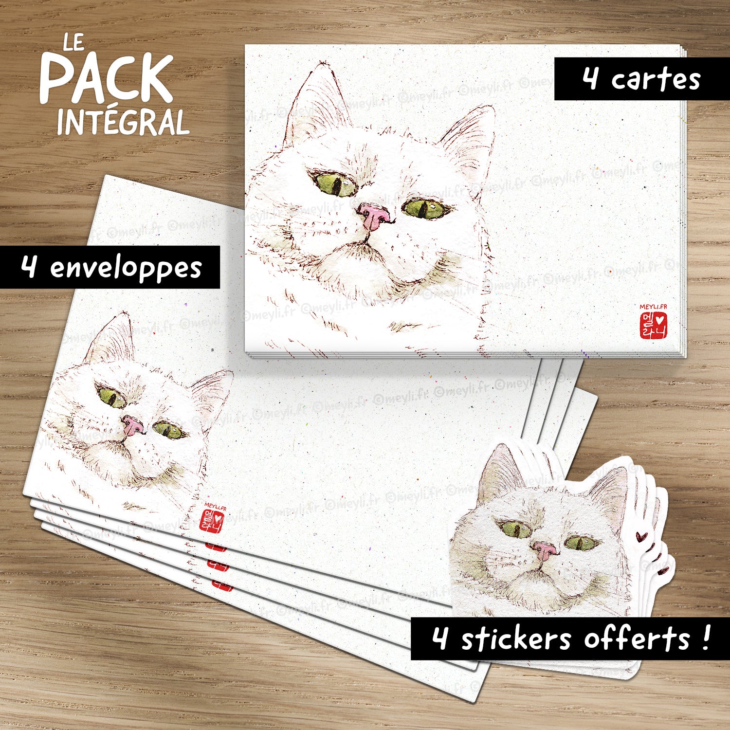 Chat-Te-Juge - Set de correspondance - Enveloppe, carte et sticker - 3) Pack Intégral : 4 enveloppes + 4 cartes + 4 stickers offerts