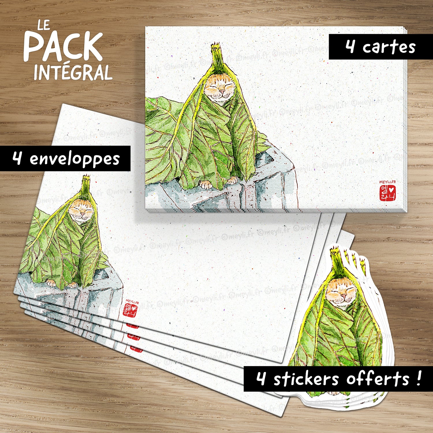 Chou de chat - Set de correspondance - Enveloppe, carte et sticker - 3) Pack Intégral : 4 enveloppes + 4 cartes + 4 stickers offerts