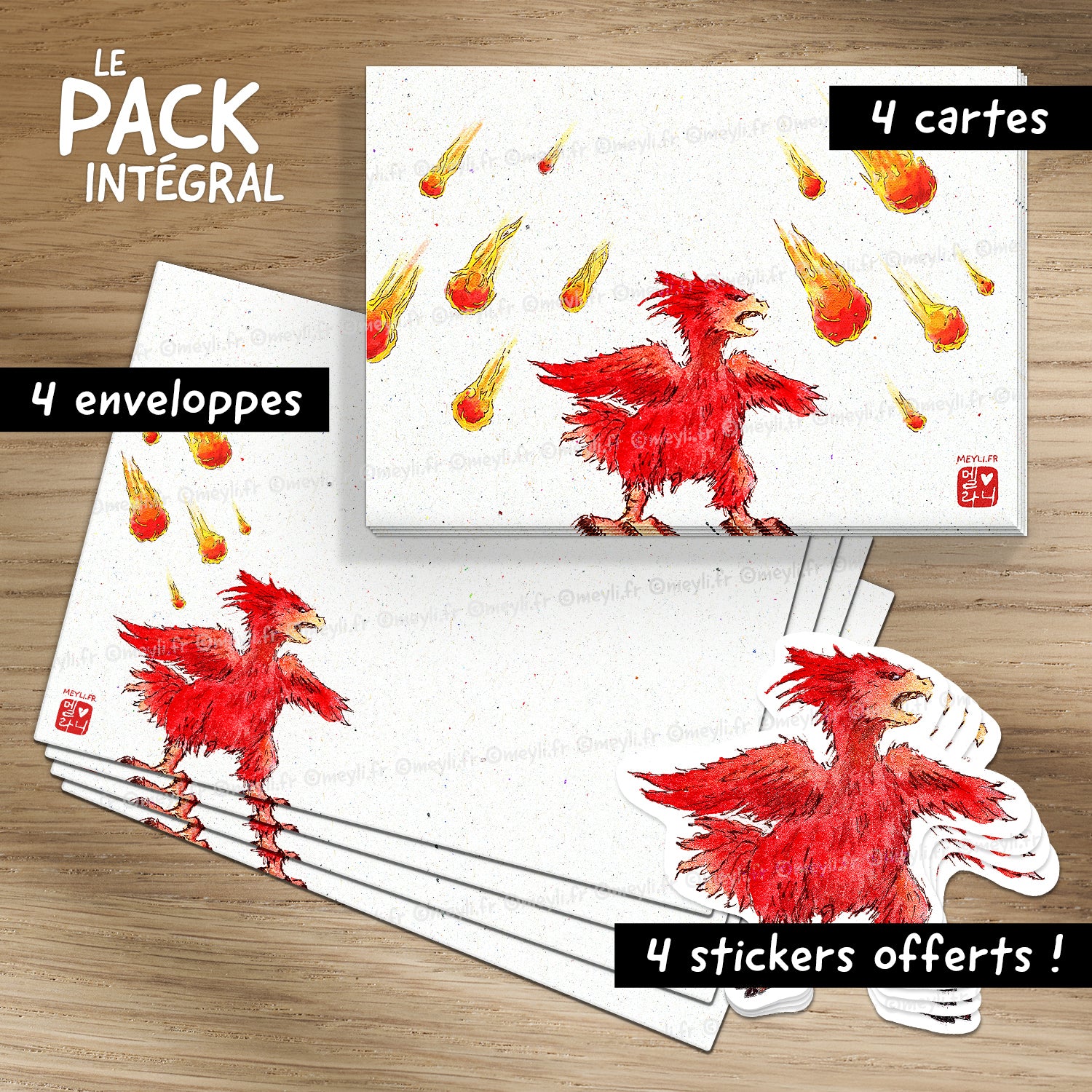 Chocobo comète Final Fantasy - Set de correspondance - Enveloppe, carte et sticker - 3) Pack Intégral : 4 enveloppes + 4 cartes + 4 stickers offerts