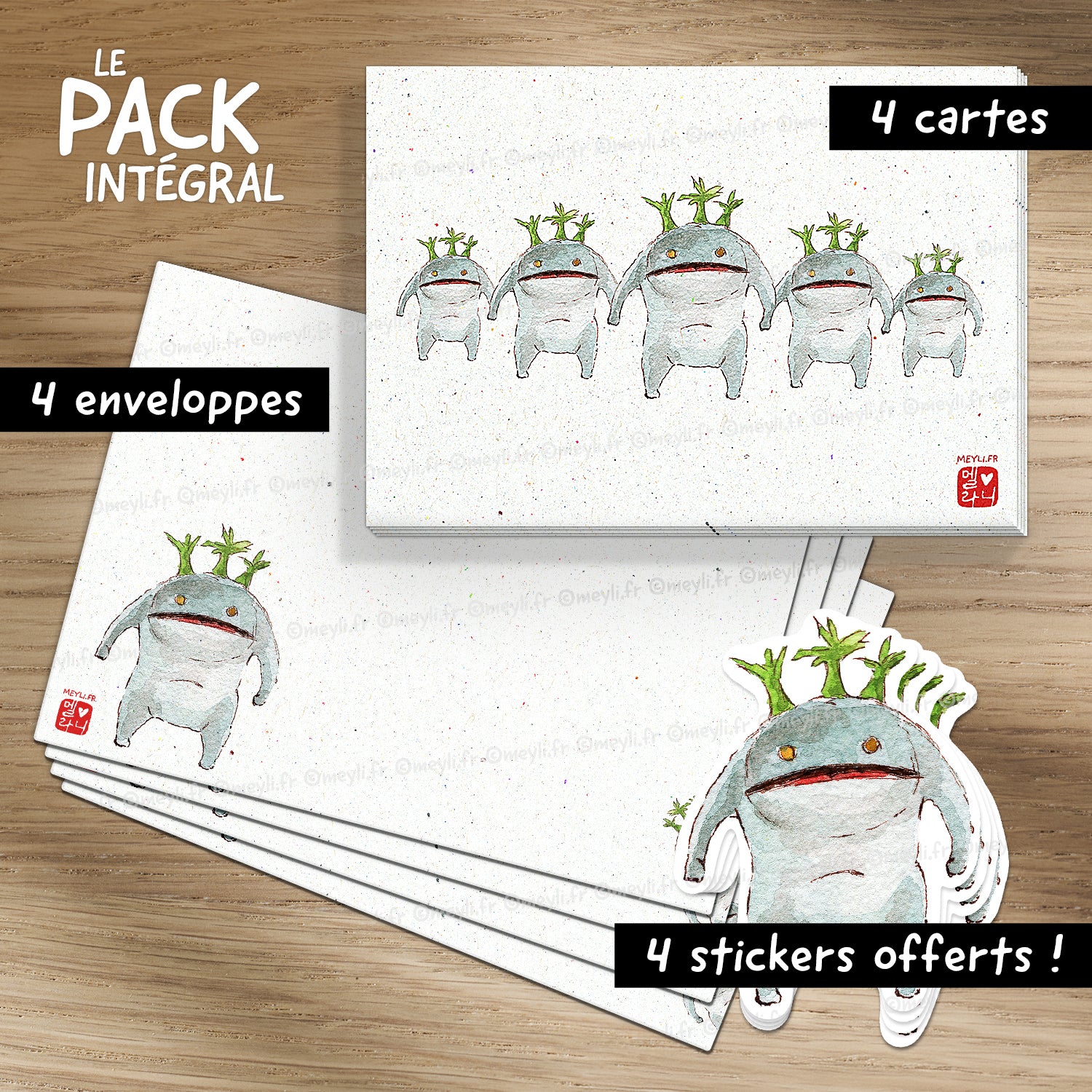 Goobbue Family Final Fantasy - Set de correspondance - Enveloppe, carte et sticker - 3) Pack Intégral : 4 enveloppes + 4 cartes + 4 stickers offerts