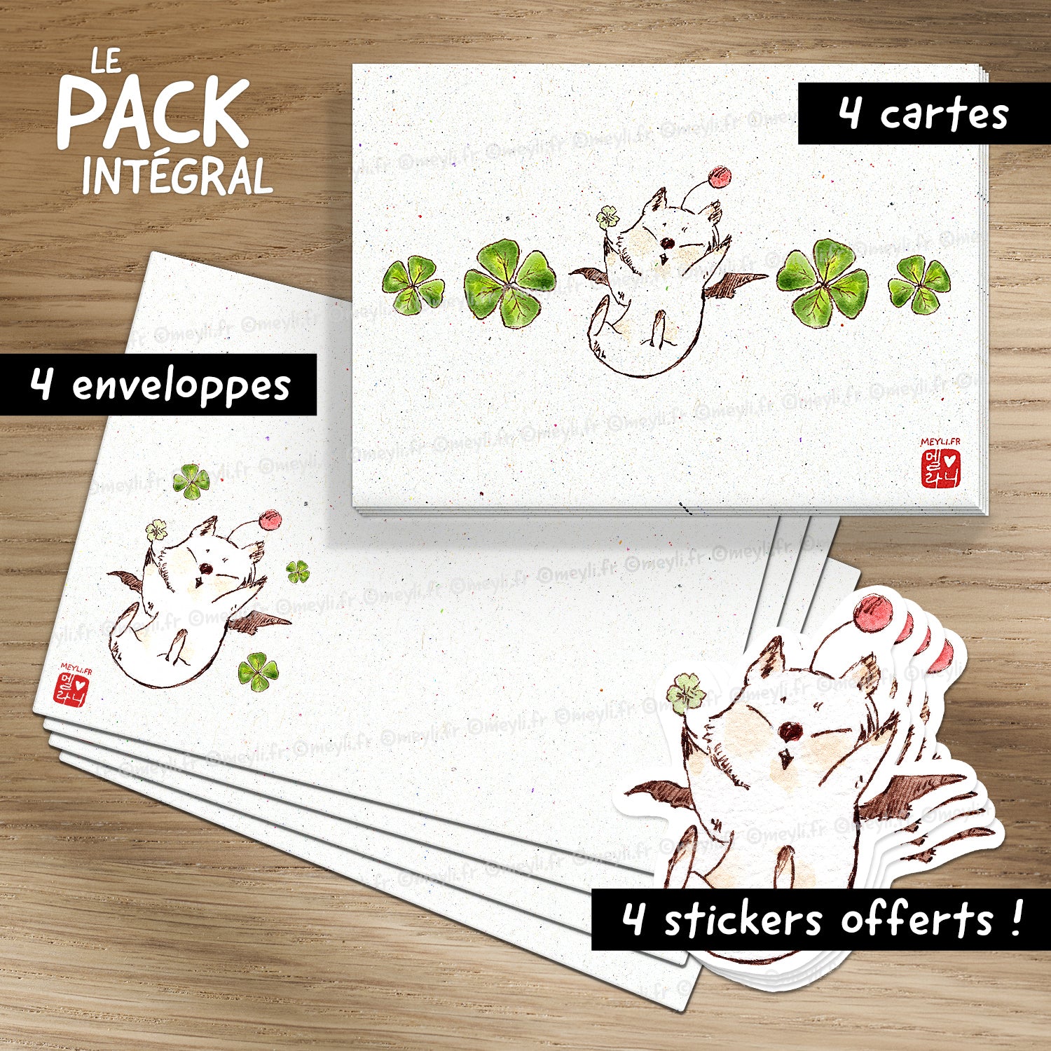 Mog chanceux Final Fantasy - Set de correspondance - Enveloppe, carte et sticker - 3) Pack Intégral : 4 enveloppes + 4 cartes + 4 stickers offerts