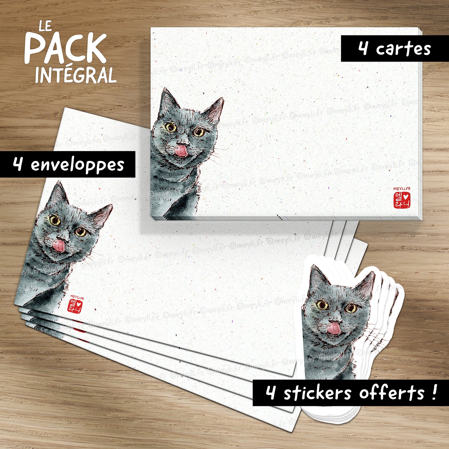 Chat gourmant - Set de correspondance - Enveloppe, carte et sticker - 3) Pack Intégral : 4 enveloppes + 4 cartes + 4 stickers offerts