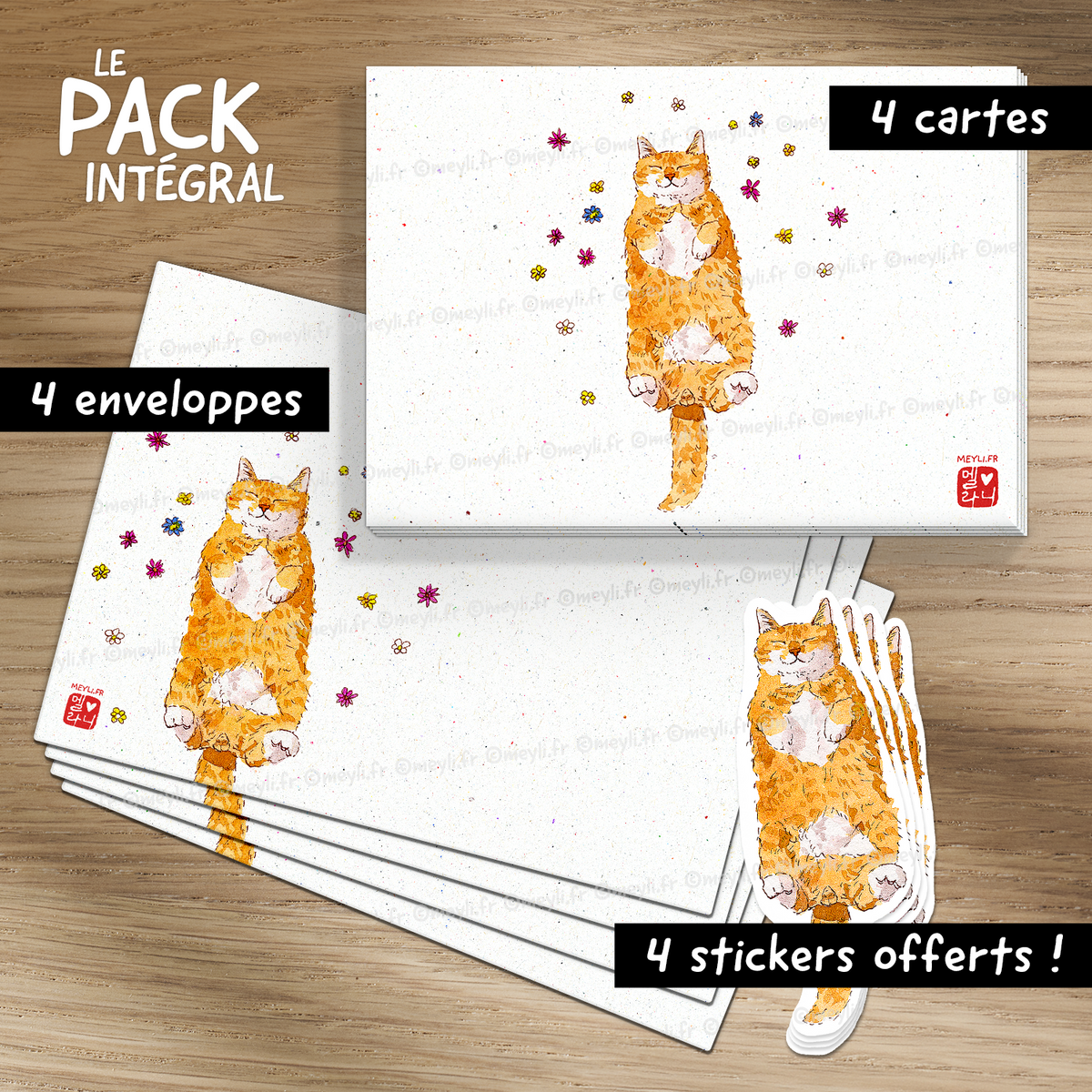 Chat dans les fleurs - Set de correspondance - Enveloppe, carte et sticker