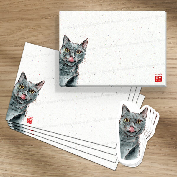 Chat gourmant - Set de correspondance - Enveloppe, carte et sticker